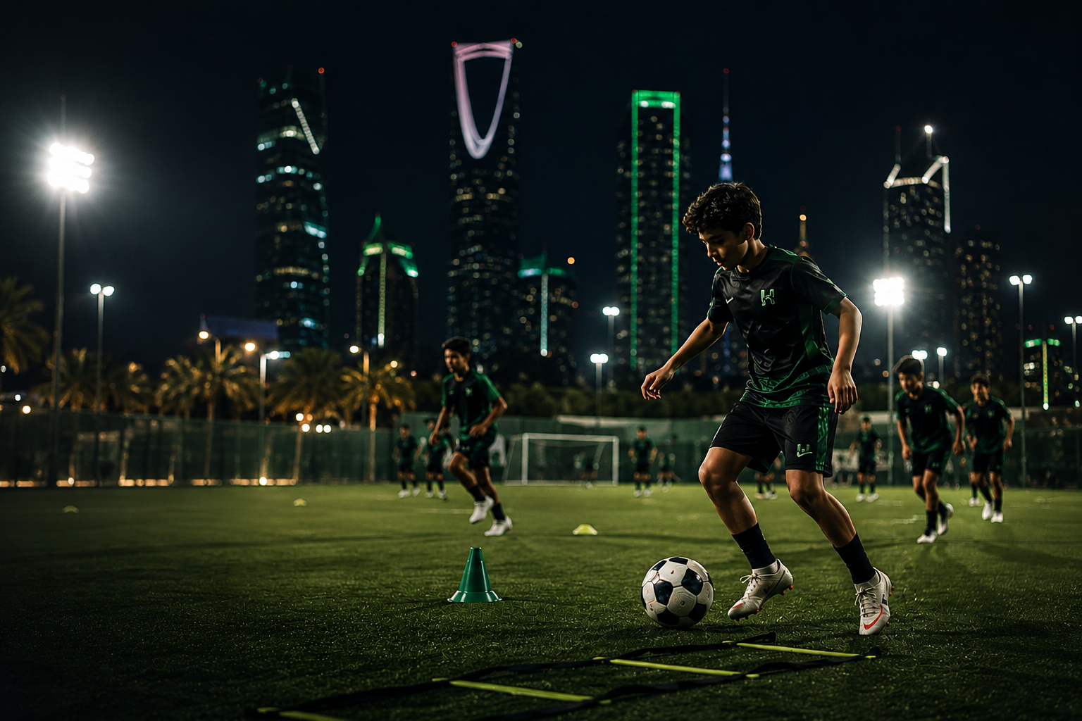 Young athletes training on a football pitch at night with the Riyadh skyline behind them