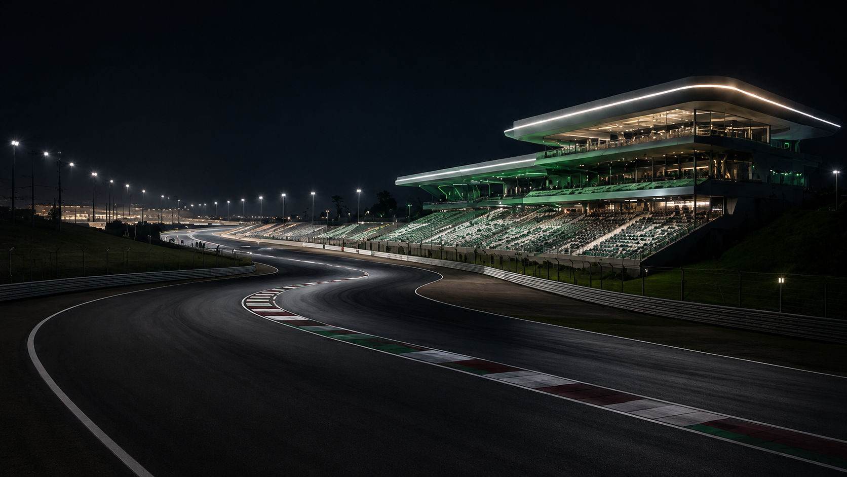 Illuminated modern motorsport racetrack at night in Saudi Arabia