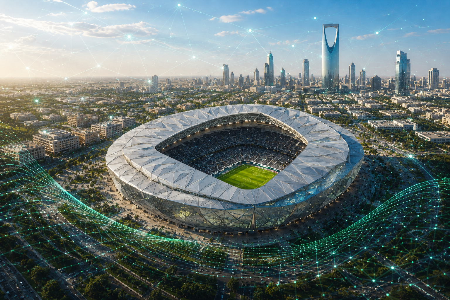 Stadium aerial view with digital network connections